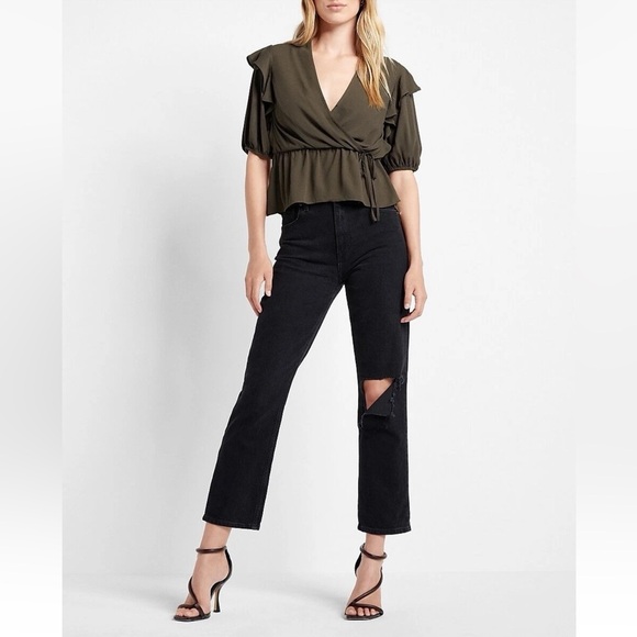 Express Women's Top Size XS Faux Wrap Puff Sleeves Peplum Olive Green NWT $54 - Picture 3 of 16